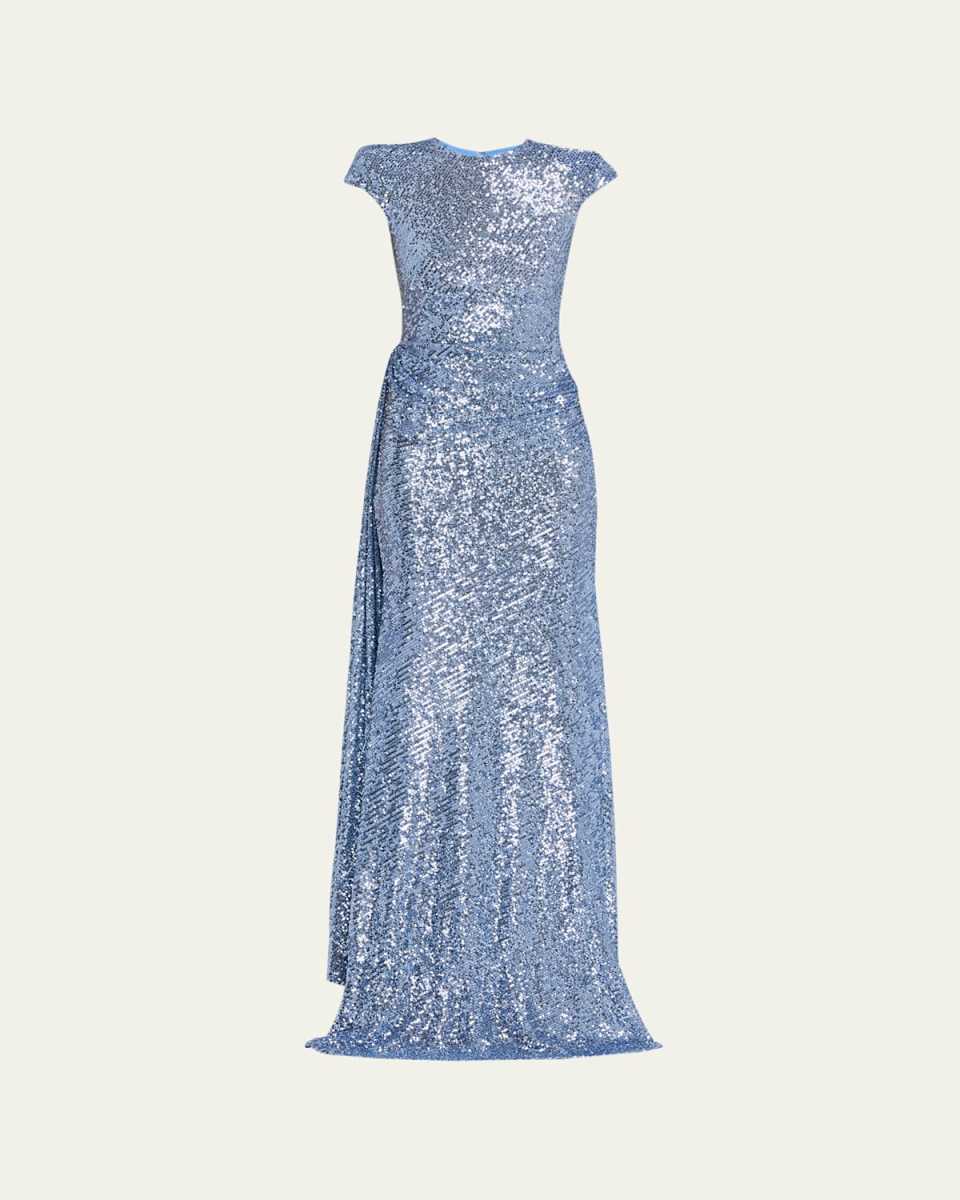 Draped Sequin Cap-Sleeve Gown
